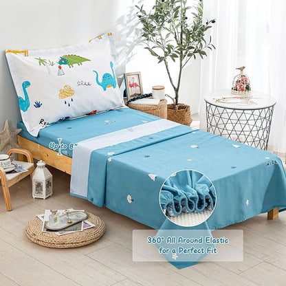 DJY Cotton Toddler Bedding Set for Boys Girls, 4 Pieces Dinosaur Toddler Bed Comforter Set, Includes Quilted Comforter, Flat Sheet, Fitted Sheet and Pillowcase