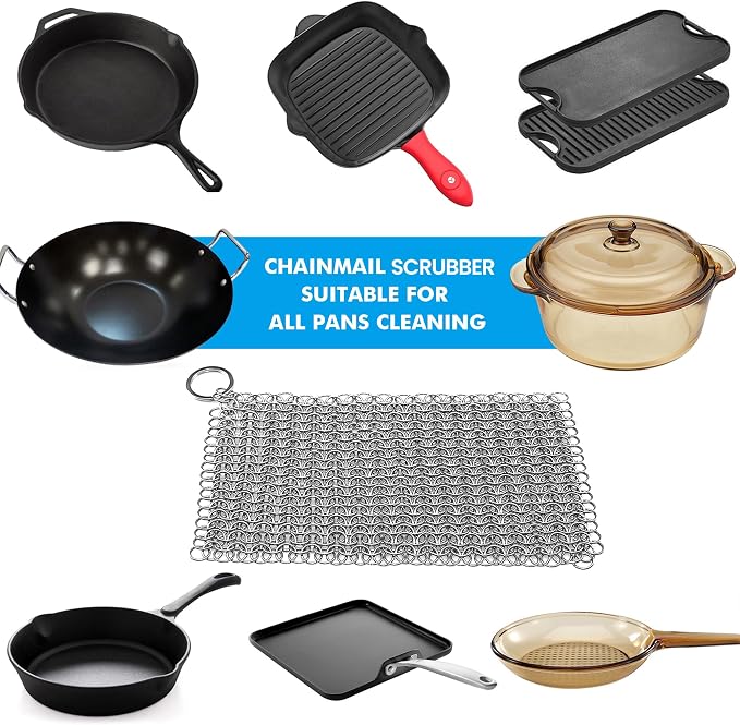 Cast Iron Scrubber 316 Stainless Steel Skillet Cleaner 8"x6" Chainmail Scrubber - Image 5