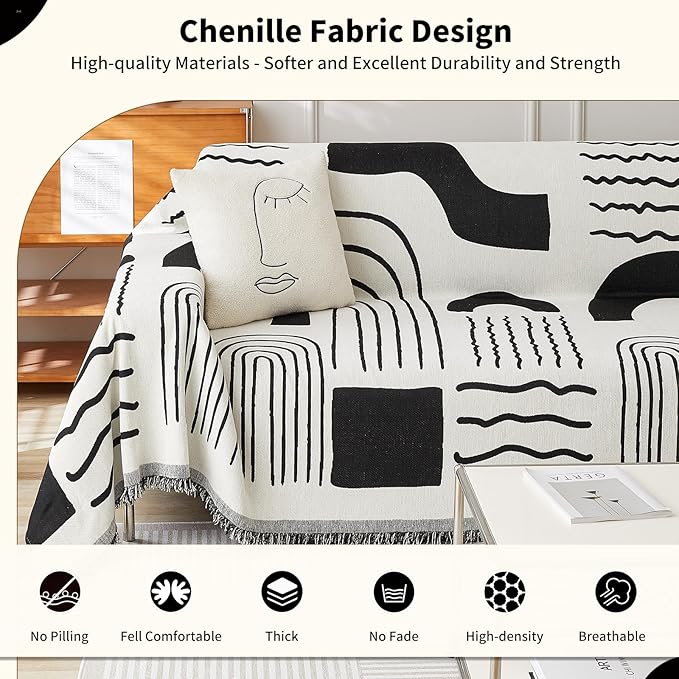 Boho Chenille Couch Cover with Tassels, Bohemian Sofa Cover for 3 Cushion Couch, L-Shaped Sectional, Loveseat, 2/3/4 Seater (71" x 118", Black)