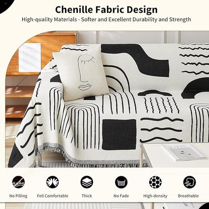 Boho Chenille Couch Cover with Tassels, Bohemian Sofa Cover for 3 Cushion Couch, L-Shaped Sectional, Loveseat, 2/3/4 Seater (71" x 118", Black)