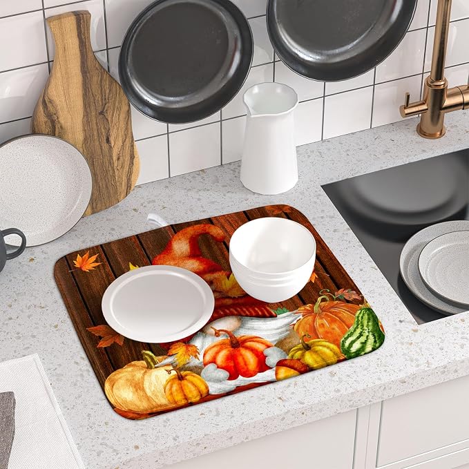 Fall Gnome Dish Drying Mat for Kitchen Counter, Autumn Pumpkin Maple Leaves - Image 6