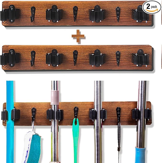 2 Pack Mop and Broom Holder Wall Mount Solid Wood Broom Rack Wall Mount 4 by Saderoy
