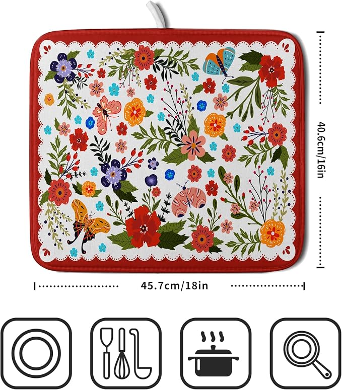 Flowers Printed Dish Drying Mat Floral Coffee Mat - Image 2