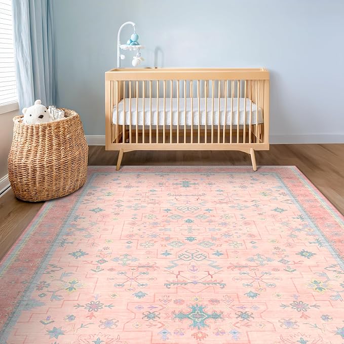 Pink and Blue Washable 5x8 Living Room Rugs, Boho Aethestic Oushak Vintage Area Rug for Bedroom Girls Kids Playroom Nursery Room, Non-Slip Rubber Backing Stain Resistant