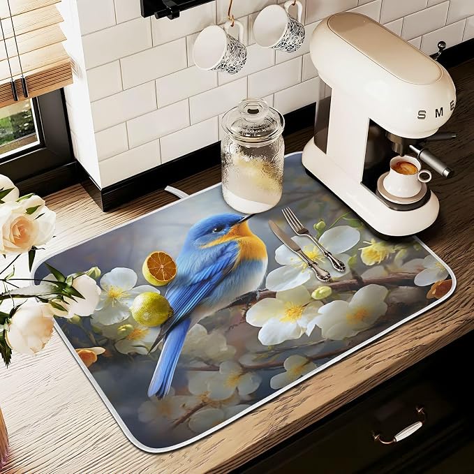 Spring Blue Yellow Flower Bluebird Butterflies Dish Drying Mat - Image 8