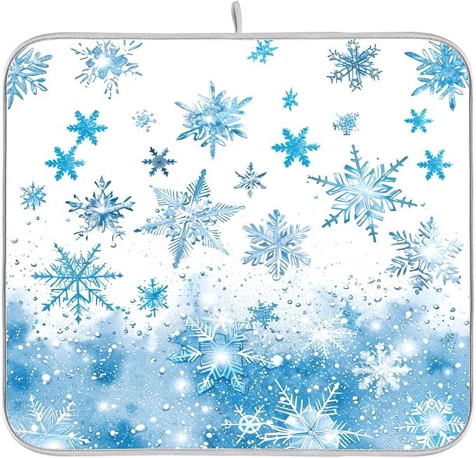 Winter Snowflake Blue Dish Drying Mat by Wamika