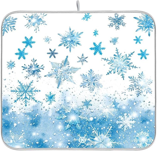 Winter Snowflake Blue Dish Drying Mat by Wamika