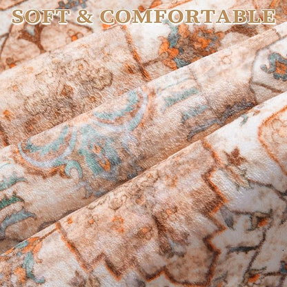 SERISSA 4x6 Boho Bedroom Rug, Washable Non Slip Vintage Peach Cream Area Rugs, Ultra Soft Print Distressed Tribal Entry Rug Low-Pile Throw Carpet for Nursery Dorm Kitchen Living Room Decor