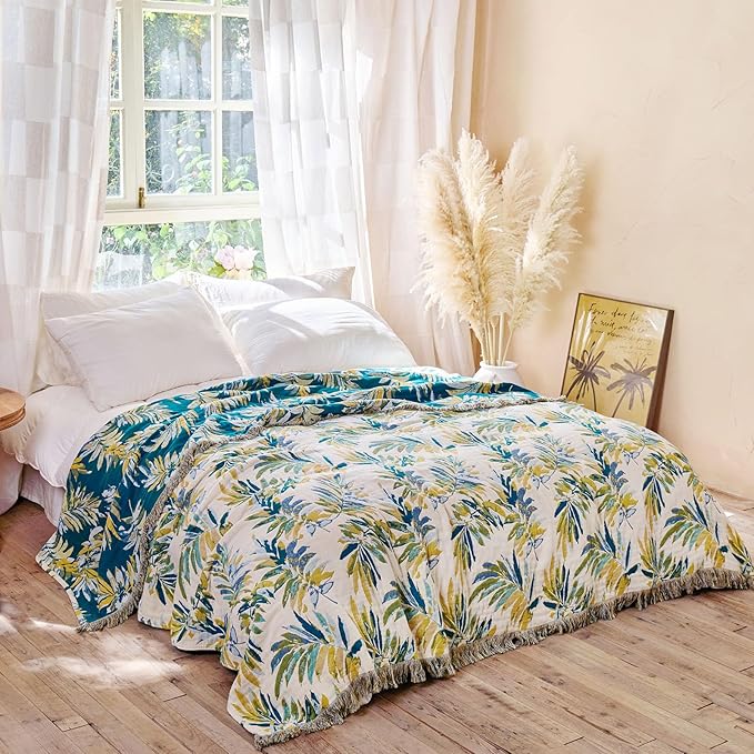 MSGKV Boho Throw Blanket for Couch Cotton Leaves Blanket 50"x60" Throws for Sofa Chair Muslin Breathable Lightweight Farmhouse Blankets Home Decor All Seasons