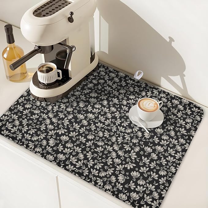 Floral Dish Drying Mat for Kitchen Counter 24x18 Inch Black Flower Drying Mat - Image 6