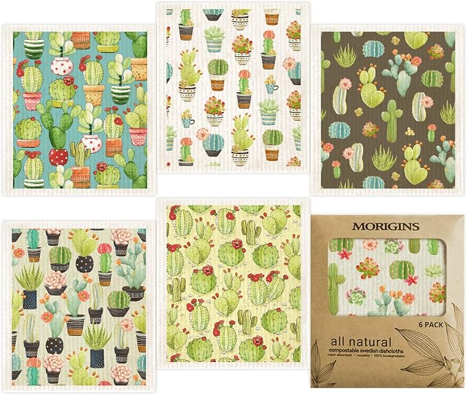 Morigins Cactus Swedish Dish Cloths 6 Pack Reusable Compostable Kitchen Cloth by Morigins