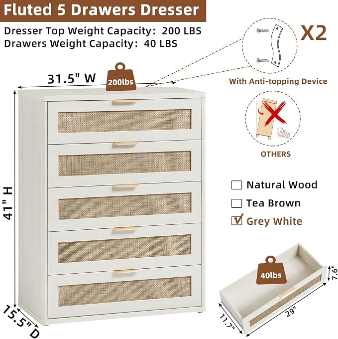 LEYAOYAO White Dresser for Bedroom, Modern 5 Drawers Boho Rattan Dressers - Image 3