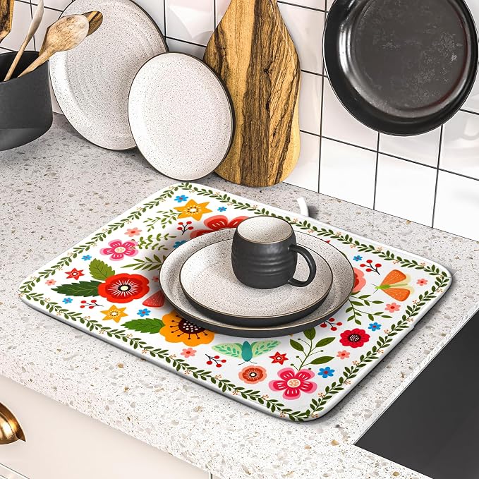 Colorful Boho Floral Dish Drying Mat 16x18 Inch Dishes Dry Pad Drainer Rack - Image 5
