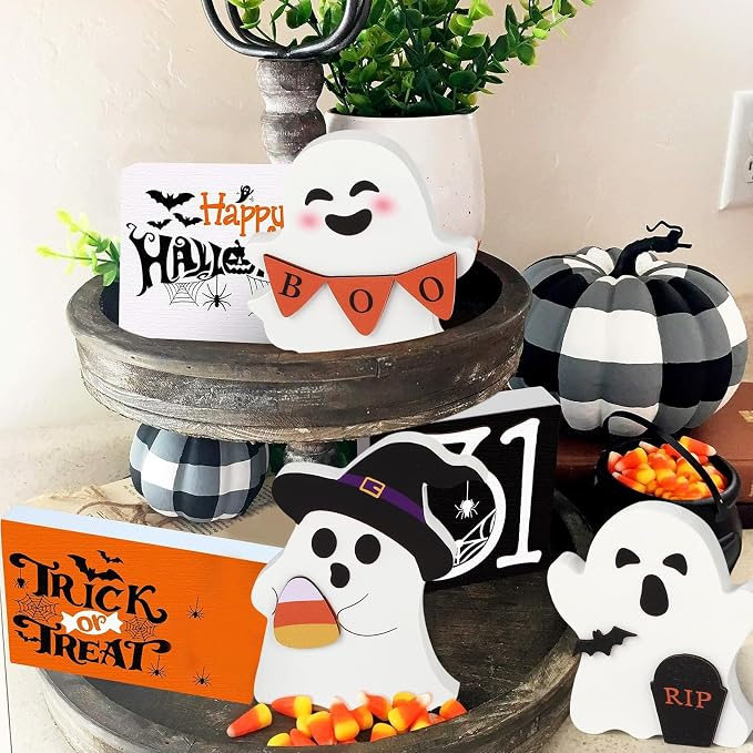 COCHIE Cute Ghost Halloween Decorations Indoor, Wooden Tiered Tray Decor Table - Image 4
