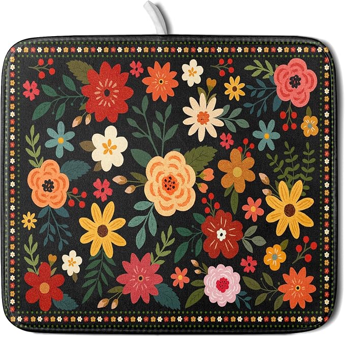 Boho Floral Dish Drying Mat 16x18 Inch Colorful Flower Dishes Dry Mats by Giwawa