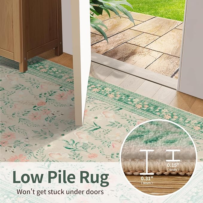 4ft Floral Round Rug, Washable Circle Rug, Non Slip Low Pile Carpet - Image 6