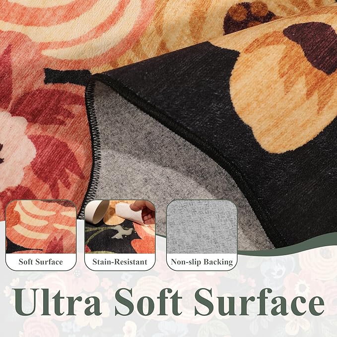 DUKINO 2.6x8 Runner Rug for Hallway, Washable Kitchen Rug with Non Slip Backing & Non-Shediing, Soft Low Pile Floral Design Runner for Bedroom, Kithchen, Living Room, Laundry, Bathroom, Black