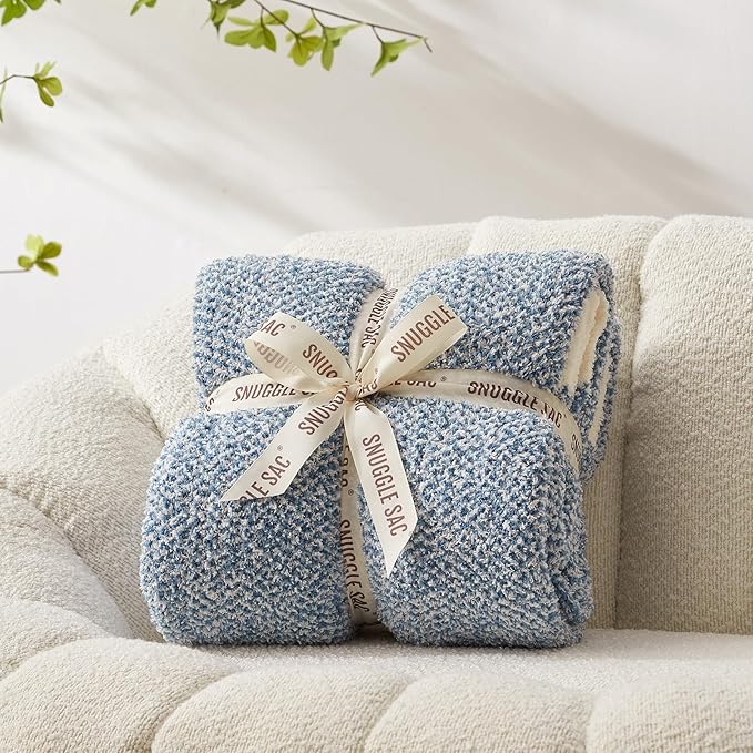Snuggle Sac Heather Blue Throw Blanket for Couch, Oversized Throw XL Super Soft Warm Blankets Cozy Knit Fuzzy Lightweight Throws for Sofa, Bed, Camping, Picnic, Heather Blue, 50x70 inches