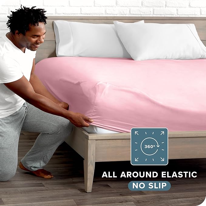 Bare Home Fitted Bottom Sheet Twin Size - Premium 1800 Microfiber - Ultra-Soft Hotel Luxury - Deep Pocket - Durable and Long Lasting - Fitted Sheet (Twin, Light Pink)