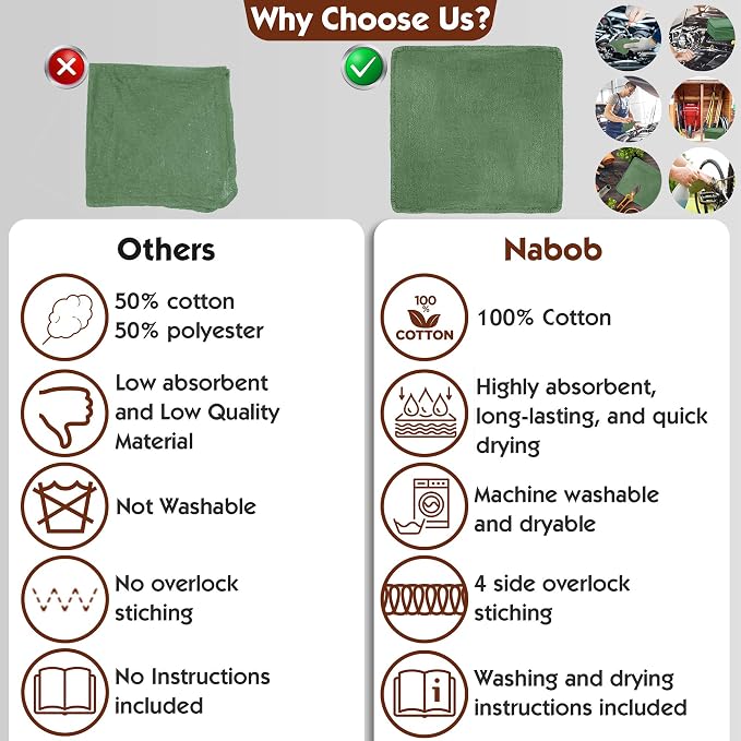 Nabob Wipers Auto Mechanic Shop Towels 25 Pack Bulk Shop Rags 100% Cotton Size - Image 3