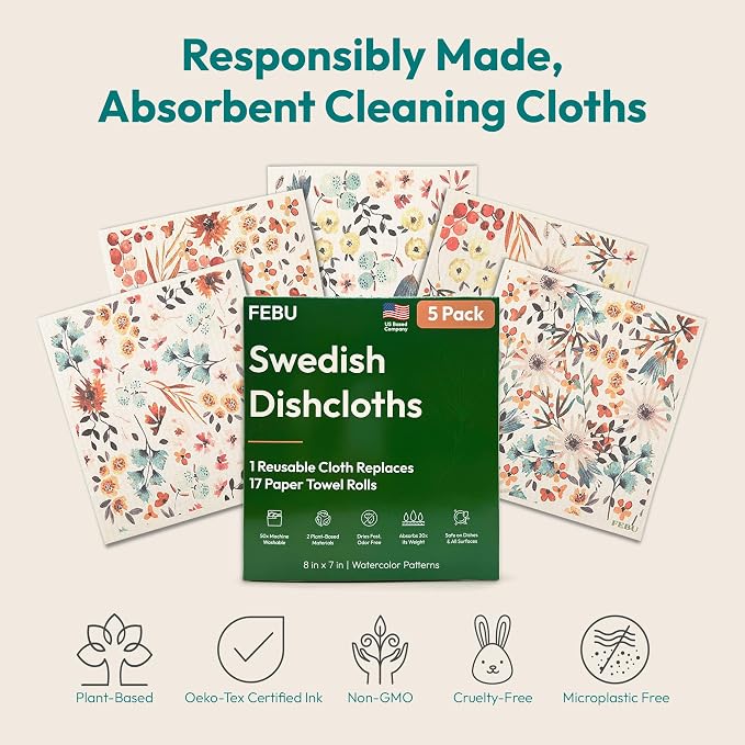FEBU Swedish Dishcloths for Kitchen | 5 Pack Japanese Reusable Paper Towels - Image 8