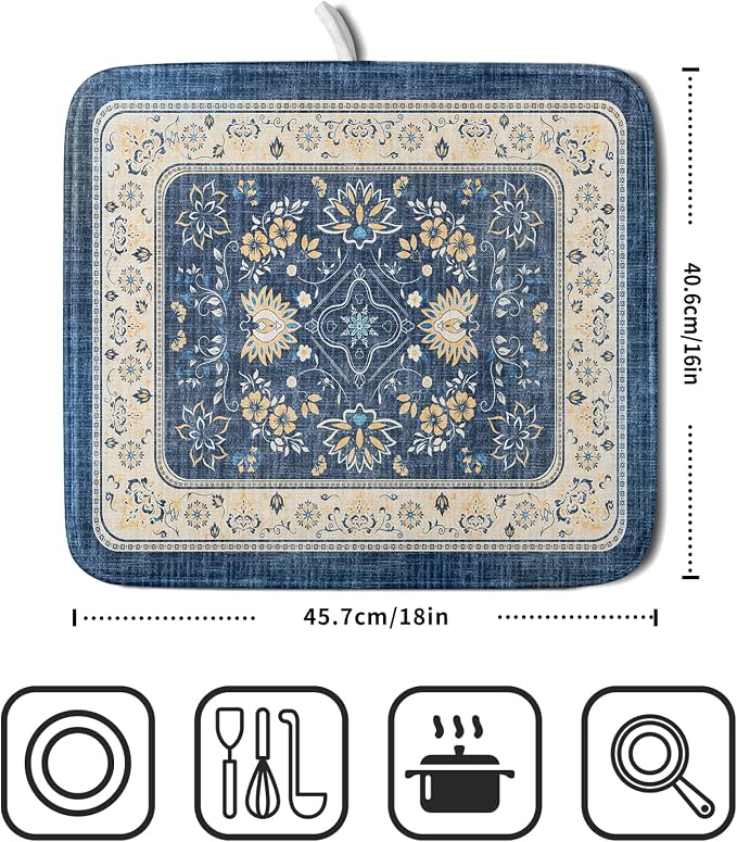 Blue Boho Dish Drying Mat for Kitchen Counter 16x18 Inch Fast Dry Drying Pad - Image 2