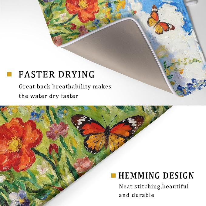 Floral Dish Drying Mat for Kitchen Counter 18x24 Spring Summer Theme Colorful - Image 3