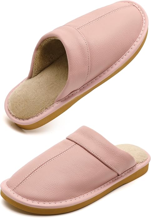 Slippers for Women Men, Genuine Leather Slippers Indoor Outdoor, Fuzzy Bedroom by Kiemorgy
