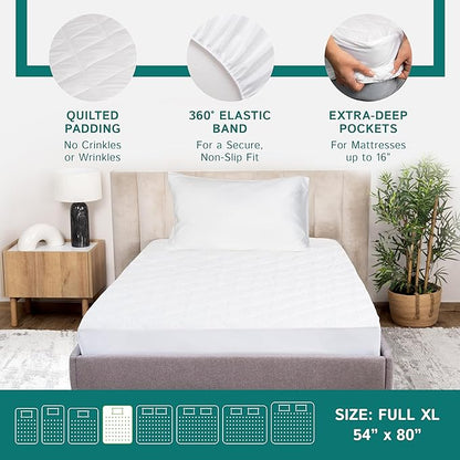 Full XL Size Waterproof Mattress Pad - Fitted Mattress Protector with Quilted Pillow Top Mattress Topper - Premium Quality Hypoallergenic Mattress Cover (54”x80”) Extra Long Full