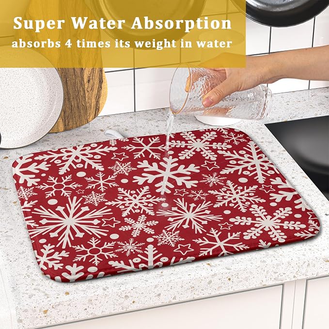 Christmas Dish Drying Mat for Kitchen Counter 16x18 Dark Red Snowflake Winter - Image 7