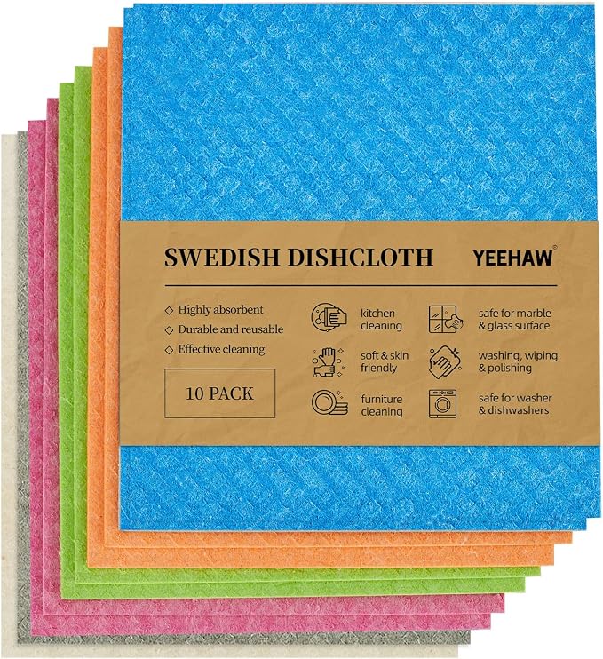 YEEHAW Swedish Dishcloths for Kitchen 10 Pack, Cellulose Sponge Cloths by YEEHAW