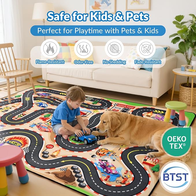Kids Rug, Race Track Baby Play Mats, 3x5 FT Race Car Rug - Image 4