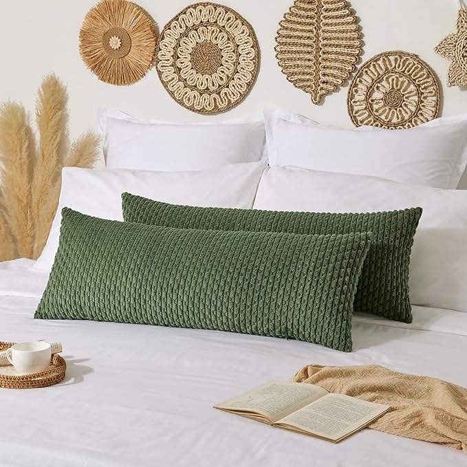 Kevin Textile 14x36 Inch Long Lumbar 1 Pack Boho Decorative Throw Pillow Cover Soft Striped Corduroy Rectangle Cushion Case Farmhouse Solid Color Accent for Living Room Couch Sofa Bed, Moss Green