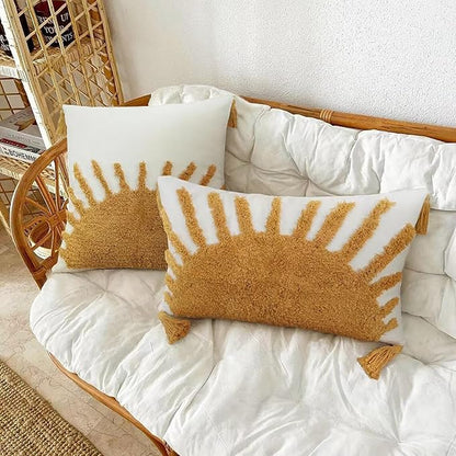Adabana Boho Throw Pillow Covers 18x18, Decorative Tufted Pillows Cover for Couch Bed, Sun Sunshine Pillow Cover for Kids