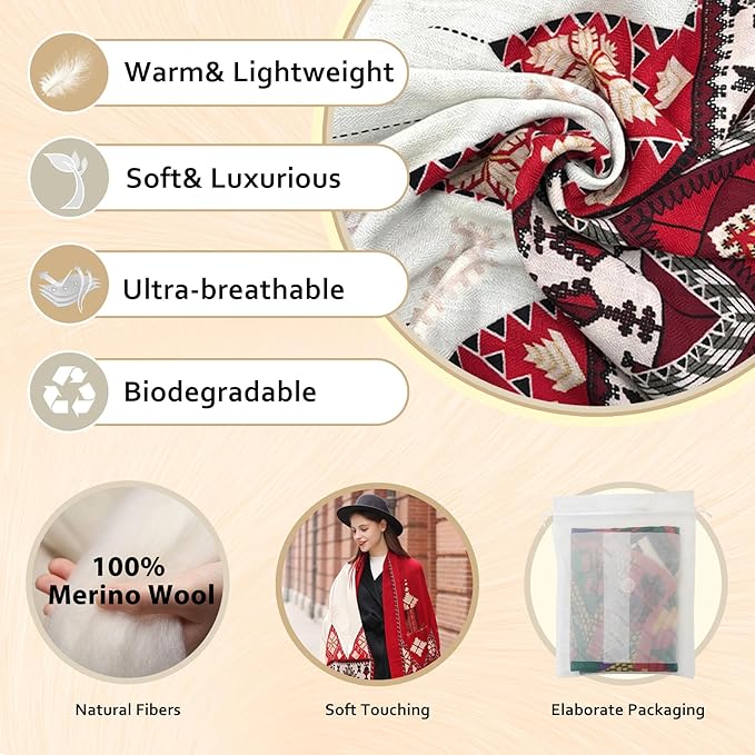 DANA XU 100% Merino Wool Pashmina Shawl for Women 96"x43", Oversized Cashmere Wrap with Tassels, Floral Travel Blanket Cape