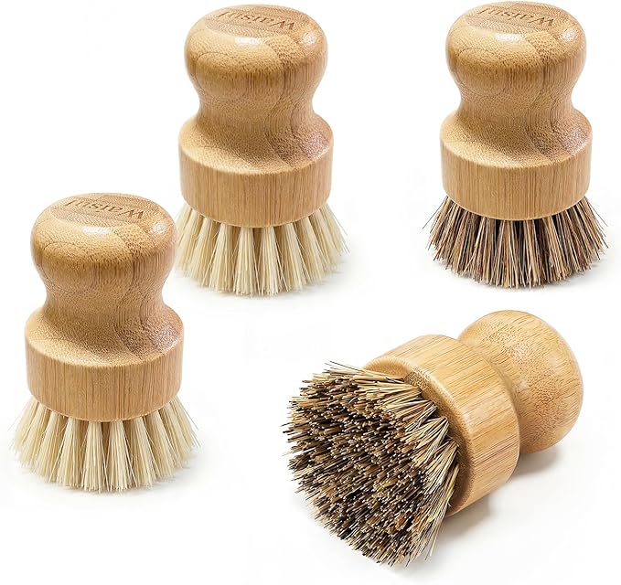 Bamboo Dish Brush Set, 4 Pack, Plastic-Free, Dish Scrubber & Vegetable Brush by Waisul
