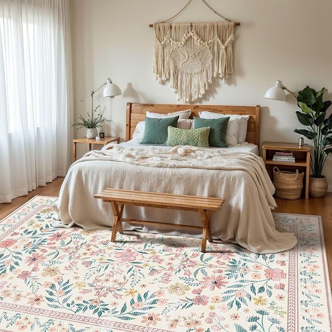 Pink Rug for Living Room Bedroom, 5x7 Washable Floral Rug, Vintage Boho Area Rug - Image 3