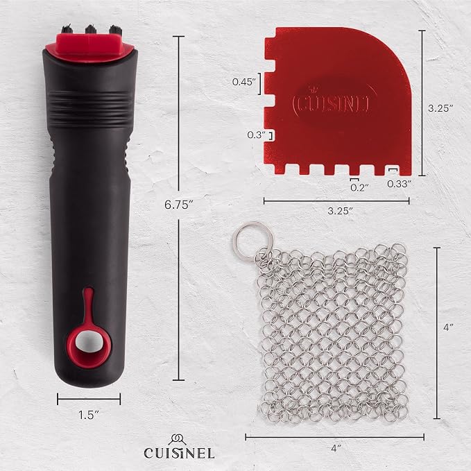 Cuisinel Cast Iron Scrubber Cleaning Brush + Stainless Steel Chainmail + Pan - Image 2