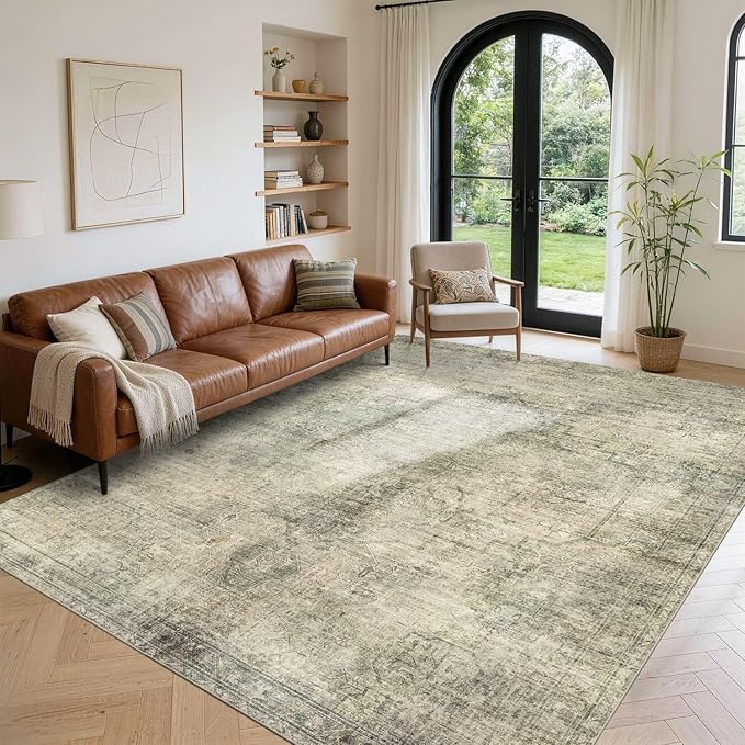 Vintage 8x10 Living Room Green Rugs, Washable Large Area Rugs by OHWPEAT