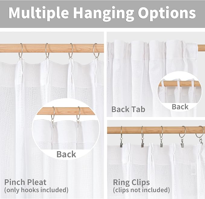 YoungsTex White Linen Curtains for Living Room 95 Inch Long 2 Panels, Semi - Image 2