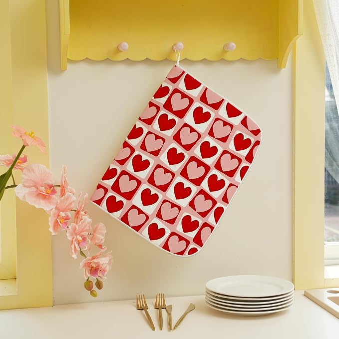 Valentines Day Dish Drying Mats 18x24 Inch Pink Red Heart Plaid Drying Mats - Image 4
