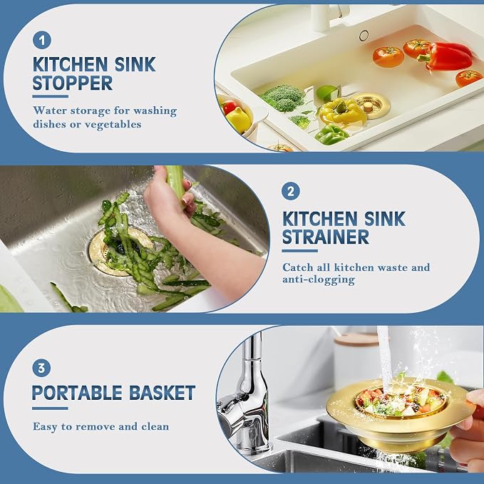 Kitchen Sink Drain Strainer 3 in 1, 304 Stainless Steel Pop Up Sink Stopper - Image 6