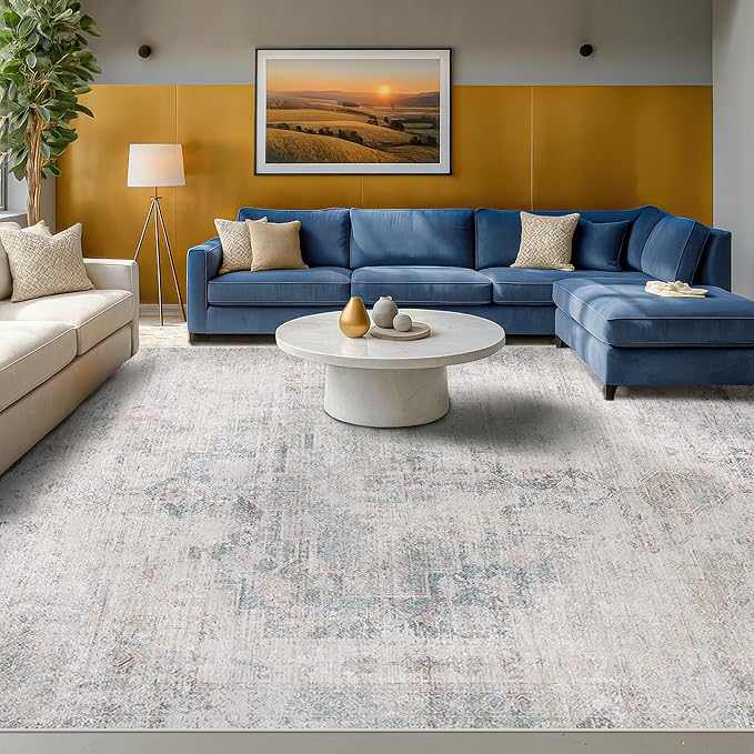 Washable Abstract Modern Area Rug 9x12 for Living Room, Bedroom, Dining Room, Home Office, Low Pile Non Slip Ultra Soft Stain Resistant, Distressed Medallion Decor, Light Blue