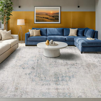 Washable Abstract Modern Area Rug 9x12 for Living Room, Bedroom, Dining Room, Home Office, Low Pile Non Slip Ultra Soft Stain Resistant, Distressed Medallion Decor, Light Blue