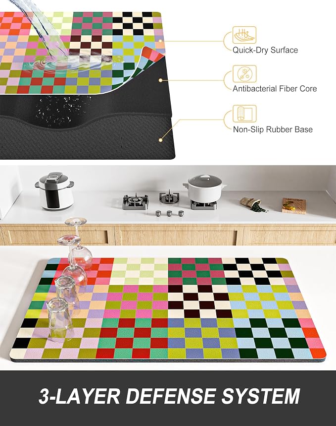 Rnivvi Dish Drying Mat for Kitchen Counter, 12 x 19" Cute Checkered Absorbent - Image 4