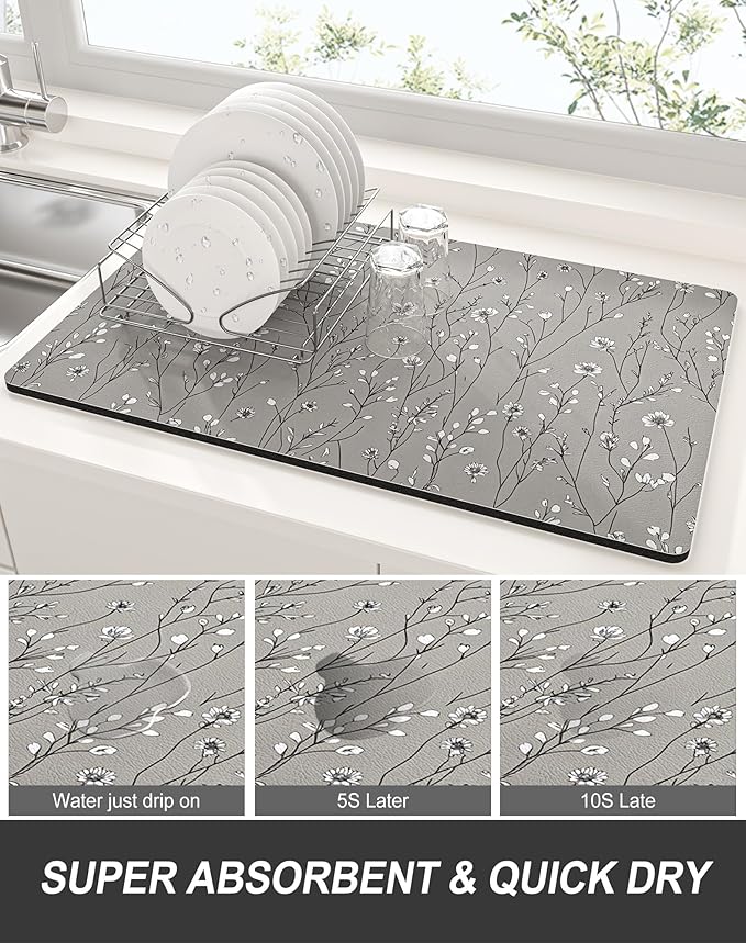 Rnivvi Dish Drying Mat for Kitchen Counter, XL 15 x 24" Cute Flower Theme - Image 3