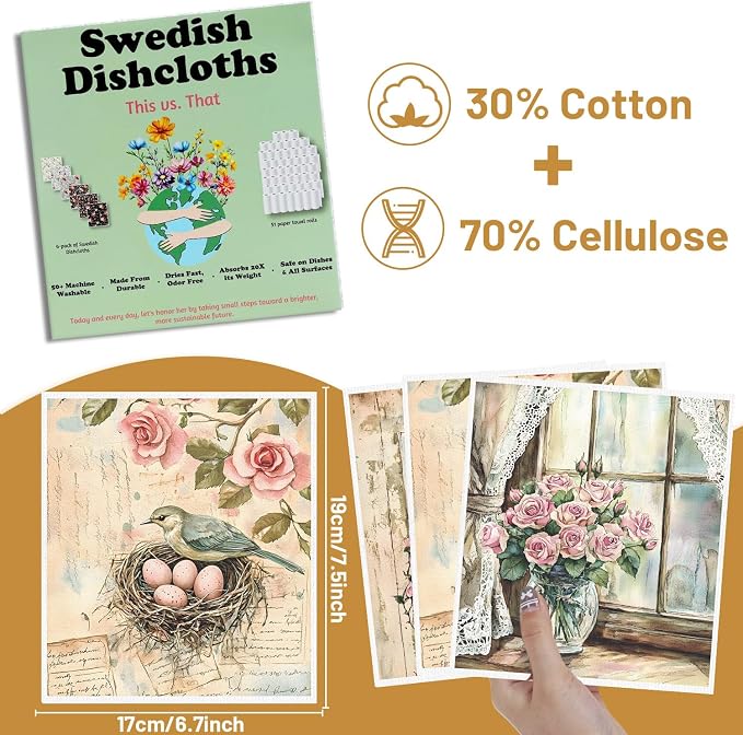 Floral Swedish Dishcloths for Kitchen, 6 Pack Flower and Birds Reusable Dish - Image 2