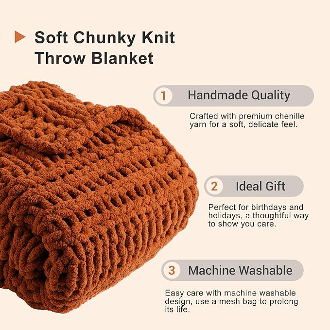 Battilo Orange Chunky Knit Throw Blanket for Couch, Fall Throw Blanket, Rust Throw Fall Decorations, Thick Warm Cozy Soft Chenille Throw Blanket for Sofa, Bed, Living Room, 50"x60"