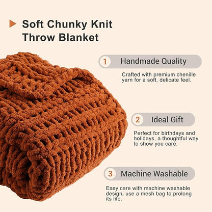 Battilo Orange Chunky Knit Throw Blanket for Couch, Fall Throw Blanket, Rust Throw Fall Decorations, Thick Warm Cozy Soft Chenille Throw Blanket for Sofa, Bed, Living Room, 50"x60"