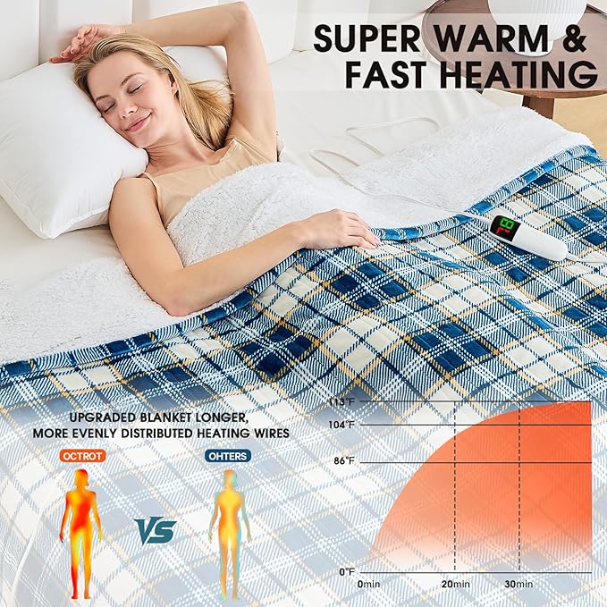 Heated Electric Blanket Full Size,72X84 Heating Blanket with 10 Heats Levels&8 Hours Auto Off&Timer,Green Plaid Soft Cozy Sherpa Blankets Warmer Gifts for Grandma Women Adult,Fast Heating Washable